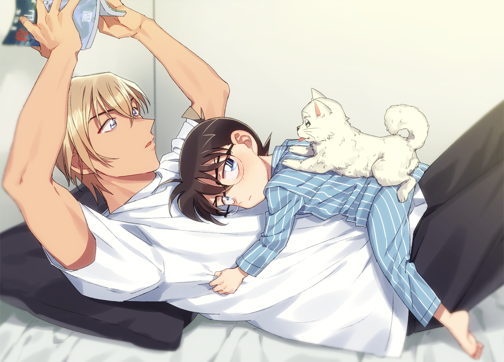 3boys, amuro_haro, amuro_tooru, animal, arms_up, barefoot, bed, bedroom, black-framed_eyewear, black_pants, blonde_hair, blue_eyes, blue_pajamas, blurry, blush, book, brown_hair, child, closed_mouth, commentary_request, depth_of_field, dog, edogawa_conan, feet, from_side, glasses, hair_between_eyes, haro_(meitantei_conan), height_difference, holding, holding_book, indoors, k_(gear_labo), looking_at_another, lying, lying_on_person, male_focus, meitantei_conan, multiple_boys, on_back, on_bed, on_stomach, open_book, open_mouth, pajamas, pants, pillow, shirt, short_hair, short_sleeves, striped_clothes, striped_pajamas, tongue, tongue_out, vertical_stripes, white_dog, white_shirt, yaoi