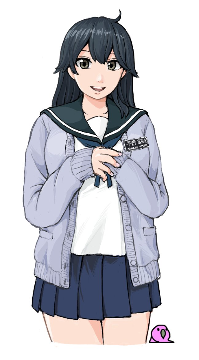 1girl, black_hair, blue_sailor_collar, blue_skirt, cardigan, cowboy_shot, kantai_collection, looking_at_viewer