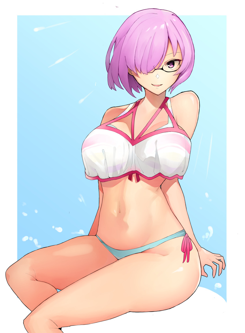 1girl, absurdres, bare_shoulders, bikini, black-framed_eyewear, blue_background, breasts, fate/grand_order