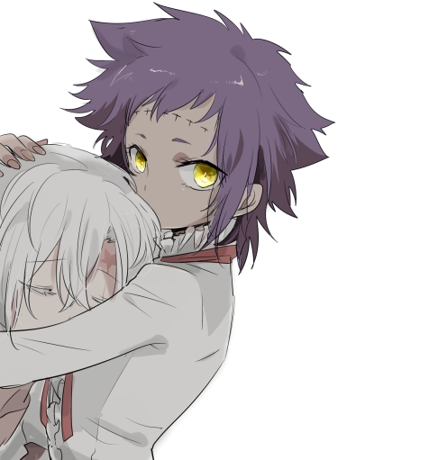 1boy, 1girl, allen_walker, d.gray-man, dark-skinned_female, dark_skin, long_sleeves, looking_at_viewer