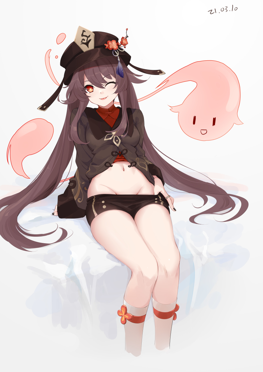 1girl, ;p, absurdres, arm_support, bed_sheet, black_hat, black_nails, black_shorts, breasts, brown_hair, chinese_commentary, closed_mouth, clothes_pull, commentary_request, cropped_legs, dated, ejieaa, flower, flower-shaped_pupils, genshin_impact, ghost, groin, hair_between_eyes, hat, hat_flower, highres, hu_tao_(genshin_impact), jewelry, kneehighs, leaning_back, long_hair, long_sleeves, looking_at_viewer, nail_polish, navel, one_eye_closed, red_eyes, red_flower, ring, short_shorts, shorts, shorts_pull, sidelocks, simple_background, sitting, small_breasts, smile, socks, solo, stomach, symbol-shaped_pupils, tassel, thighs, tongue, tongue_out, twintails, very_long_hair, white_background, white_socks