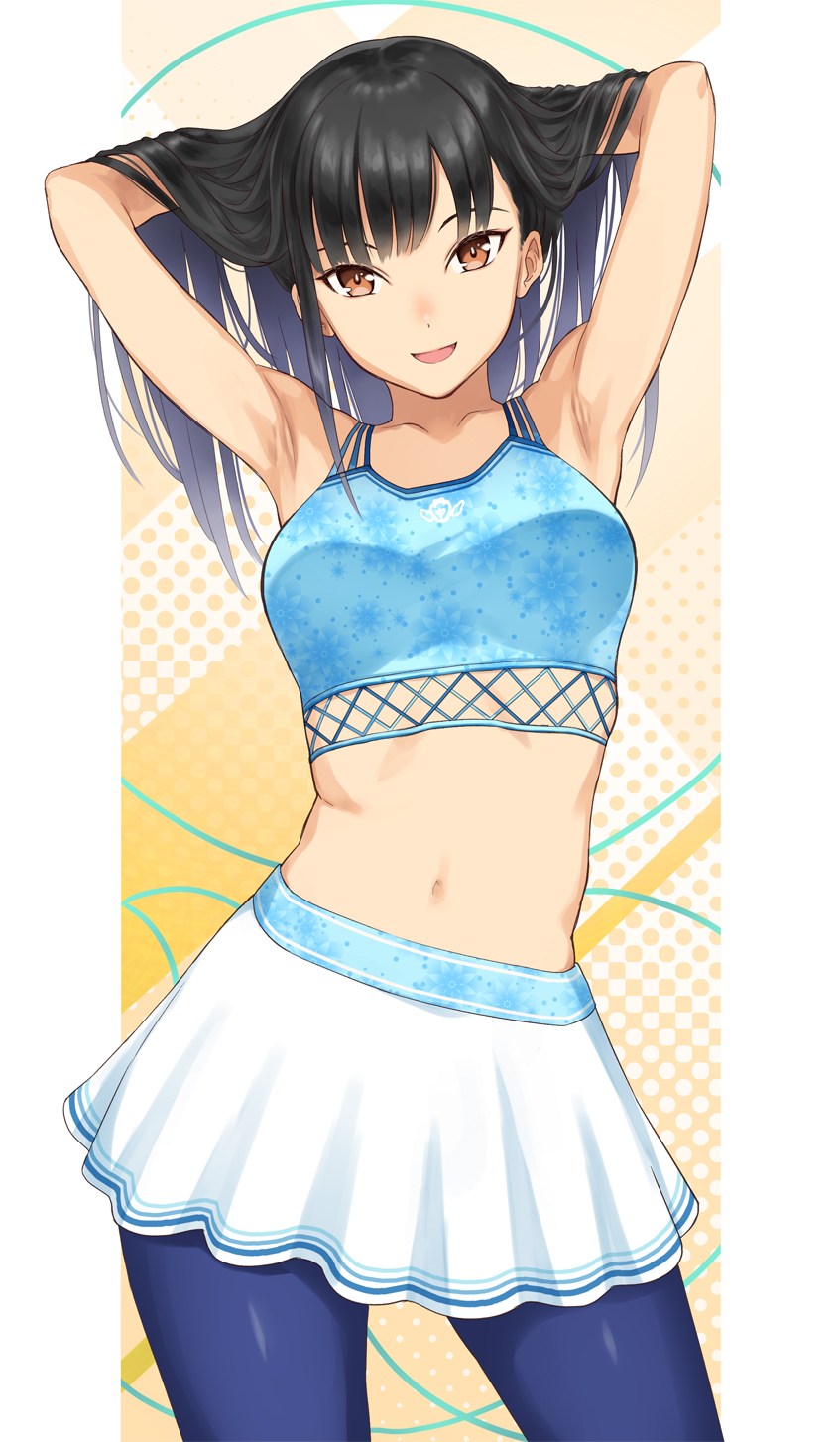 1girl, armpits, arms_up, black_hair, blouse, blue_pantyhose, blue_shirt, breasts, brown_eyes, cowboy_shot, fitness_boxing, hands_in_own_hair, highres, holding, holding_own_hair, karen_(fitness_boxing), long_hair, looking_at_viewer, medium_breasts, midriff, navel, open_mouth, outside_border, pantyhose, serizawa_(serizawaroom), shirt, skirt, solo, tank_top