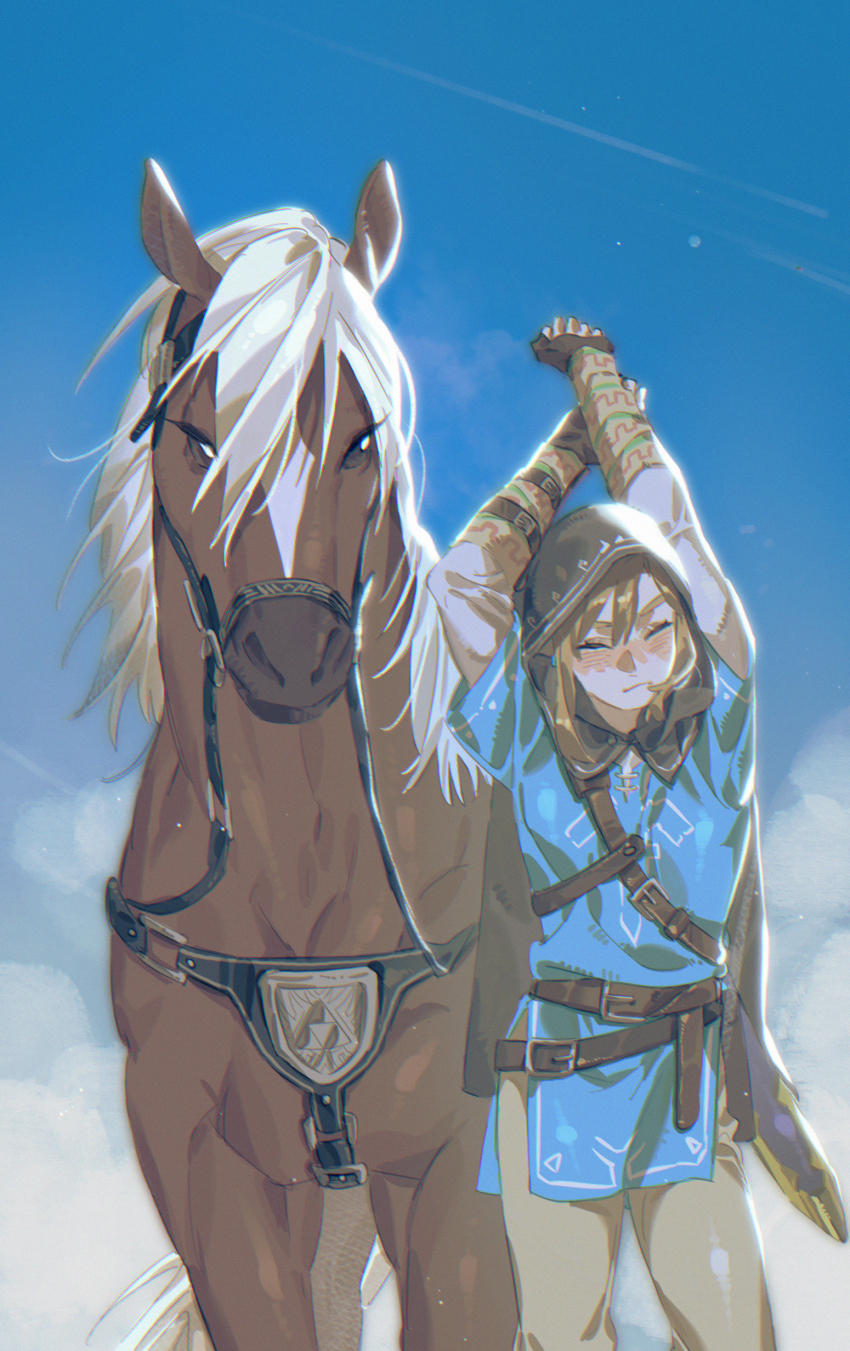 1boy, absurdres, animal, arms_up, beige_pants, belt, blonde_hair, blue_shirt