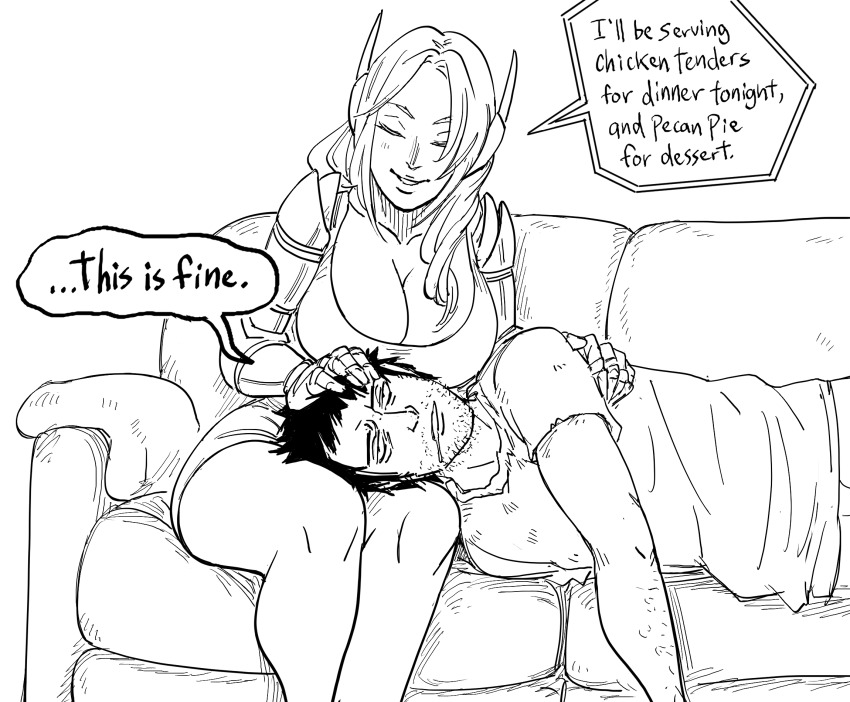 1boy, 1girl, android, bad_id, bags_under_eyes, bb_(baalbuddy), breasts, cleavage, closed_eyes, couch, dirty, dirty_clothes, drooling, empty_eyes, english_text, facial_hair, greyscale, hand_on_another's_head, headpat, hetero, highres, inactive_account, joints, lap_pillow, large_breasts, long_hair, lying, meme, monochrome, on_side, original, robot_ears, robot_joints, saliva, shirt, speech_bubble, stubble, t-shirt, terminator_(series), this_is_fine