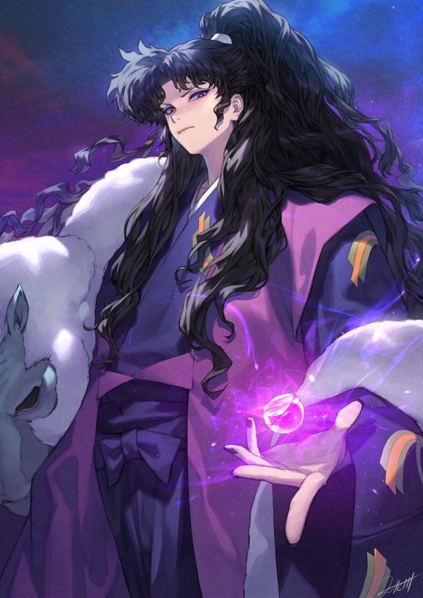 1boy, absurdres, black_hair, black_nails, eyeshadow, fingernails, glowing, hakama, hakama_skirt, haori, hichi, high_ponytail, highres, inuyasha, japanese_clothes, kimono, long_hair, looking_at_viewer, magic, makeup, male_focus, nail_polish, naraku_(inuyasha), ponytail, purple_hakama, purple_kimono, red_eyes, skirt, sky, solo, star_(sky), starry_sky, very_long_hair