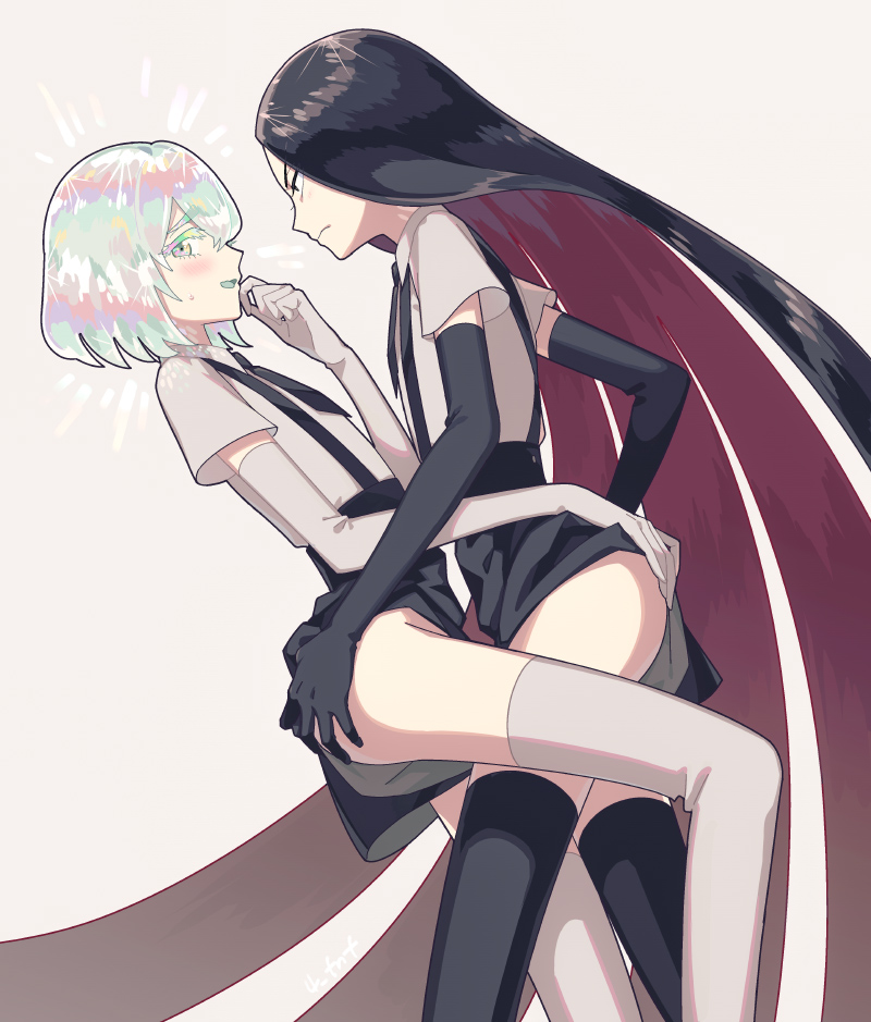 2others, 4_fnf, androgynous, ass_grab, black_hair, black_thighhighs, blush, bort, diamond_(houseki_no_kuni), elbow_gloves, gem_uniform_(houseki_no_kuni), gloves, houseki_no_kuni, long_hair, multicolored_hair, multiple_others, necktie, no_panties, short_hair, short_sleeves, thighhighs, very_long_hair, white_thighhighs