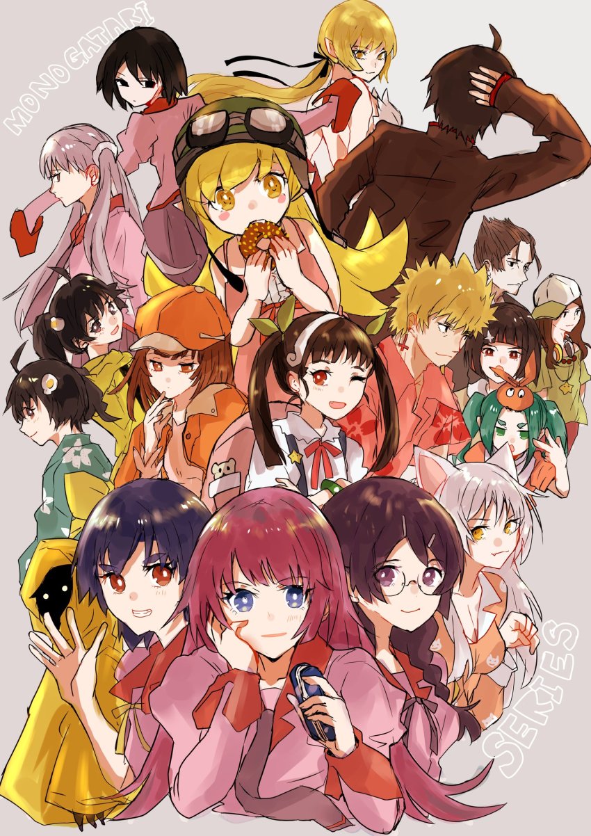 4boys, 6+girls, ahoge, animal_ears, araragi_karen, araragi_koyomi, araragi_tsukihi, backpack