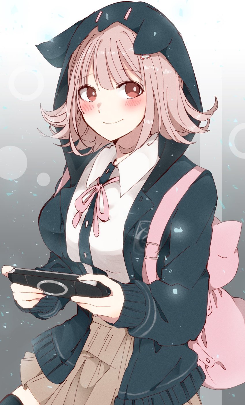 1girl, animal_bag, animal_hood, backpack, bag, beruna0612, black_jacket, black_legwear