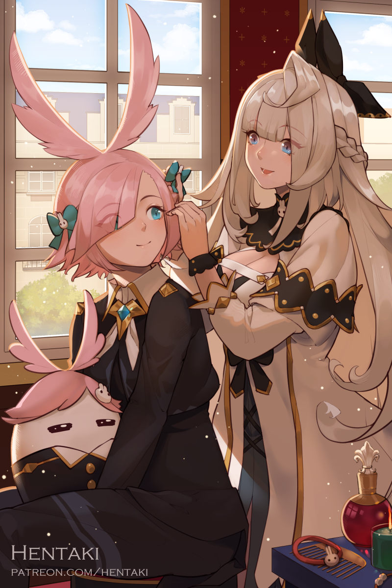 2girls, :d, =_=, artist_name, black_capelet, black_jacket, black_pants, black_ribbon, blue_bow, bow, braid, breasts, capelet, cleavage, closed_eyes, closed_mouth, collared_shirt, commentary, day, dragalia_lost, dress, english_commentary, eye_contact, eyes_visible_through_hair, gabriel_(dragalia_lost), grey_hair, hair_bow, hair_ornament, hair_over_one_eye, hair_ribbon, hairdressing, hentaki, highres, indoors, jacket, long_hair, looking_at_another, looking_back, medium_breasts, multiple_girls, open_mouth, pants, pink_hair, pinon_(dragalia_lost), rabbit_hair_ornament, ribbon, shirt, sitting, smile, very_long_hair, watermark, web_address, white_dress, white_shirt, window