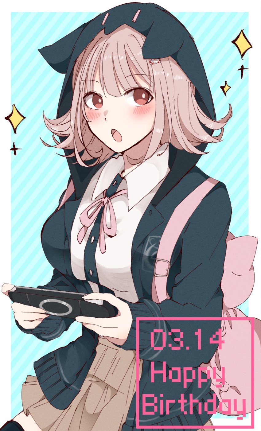 1girl, animal_bag, animal_hood, backpack, bag, beruna0612, black_jacket, black_legwear, black_shirt, blush, border, breasts, brown_eyes, brown_skirt, cat_bag, cat_hood, collared_shirt, commentary_request, danganronpa_(series), danganronpa_2:_goodbye_despair, dated, diagonal_stripes, dress_shirt, flipped_hair, hair_ornament, hairclip, handheld_game_console, happy_birthday, highres, holding, holding_handheld_game_console, hood, hood_up, hooded_jacket, jacket, large_breasts, light_brown_hair, looking_at_viewer, medium_hair, nanami_chiaki, open_mouth, pink_bag, pink_ribbon, pleated_skirt, ribbon, shirt, shirt_tucked_in, skirt, solo, sparkle, striped_background, white_border, white_shirt