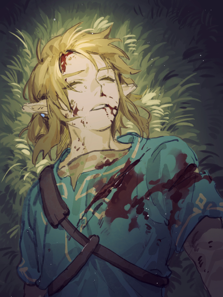 1boy, belt, blonde_hair, blood, blood_from_mouth, blood_on_clothes, blood_on_face, blue_shirt