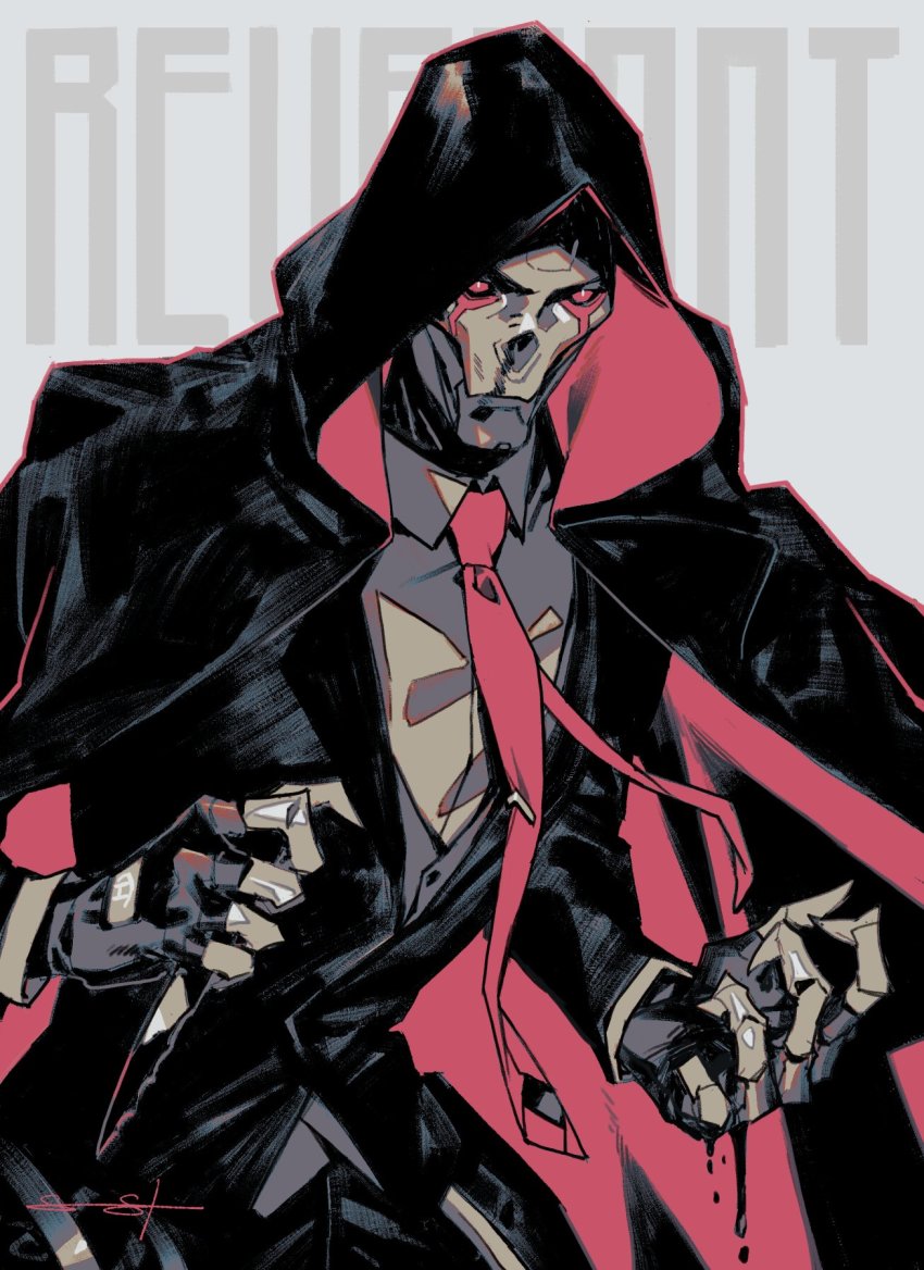 1boy, apex_legends, black_gloves, blood, character_name, collared_shirt, commentary, deathproof_revenant