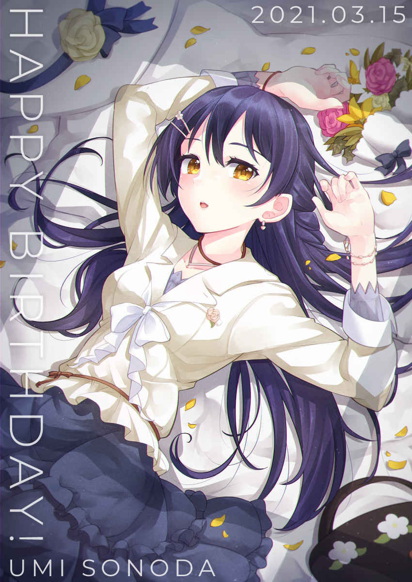 1girl, birthday, blue_hair, bracelet, breasts, character_name, commentary_request, dated