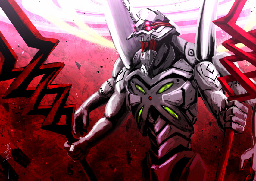 armor, bident, commentary_request, dual_wielding, eva_13, evangelion:_3.0_you_can_(not)_redo, extra_arms, extra_eyes