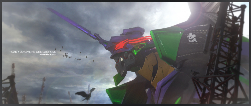 antares_cao, armor, bird, cloud, cloudy_sky, commentary, copyright_name, dark_sky, english_text, eva_13, evangelion:_3.0_you_can_(not)_redo, extra_eyes, glowing, glowing_eyes, highres, horns, mecha, neon_genesis_evangelion, no_humans, rebuild_of_evangelion, red_eyes, robot, single_horn, sky, solo, upper_body