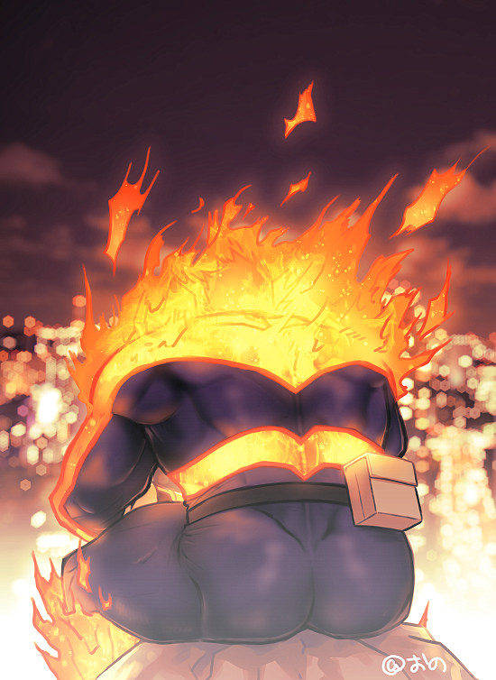 1boy, ass, ass_focus, back, bara, beard, blue_bodysuit, bodysuit, boku_no_hero_academia, facial_hair, feet_out_of_frame, fire, from_behind, looking_away, male_focus, mature_male, muscular, muscular_male, ono_(ohno_ha), red_hair, short_hair, sideburns, sitting, solo, spiked_hair, thick_thighs, thighs, endeavor_(boku_no_hero_academia)