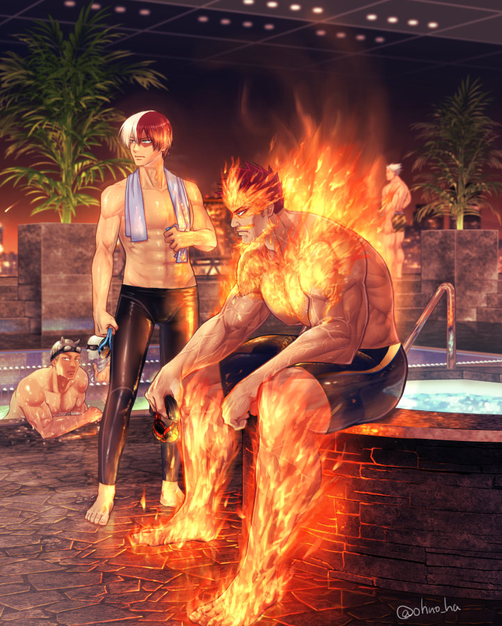 4boys, abs, bara, bare_pectorals, beard, black_male_swimwear, blue_bodysuit, blue_eyes