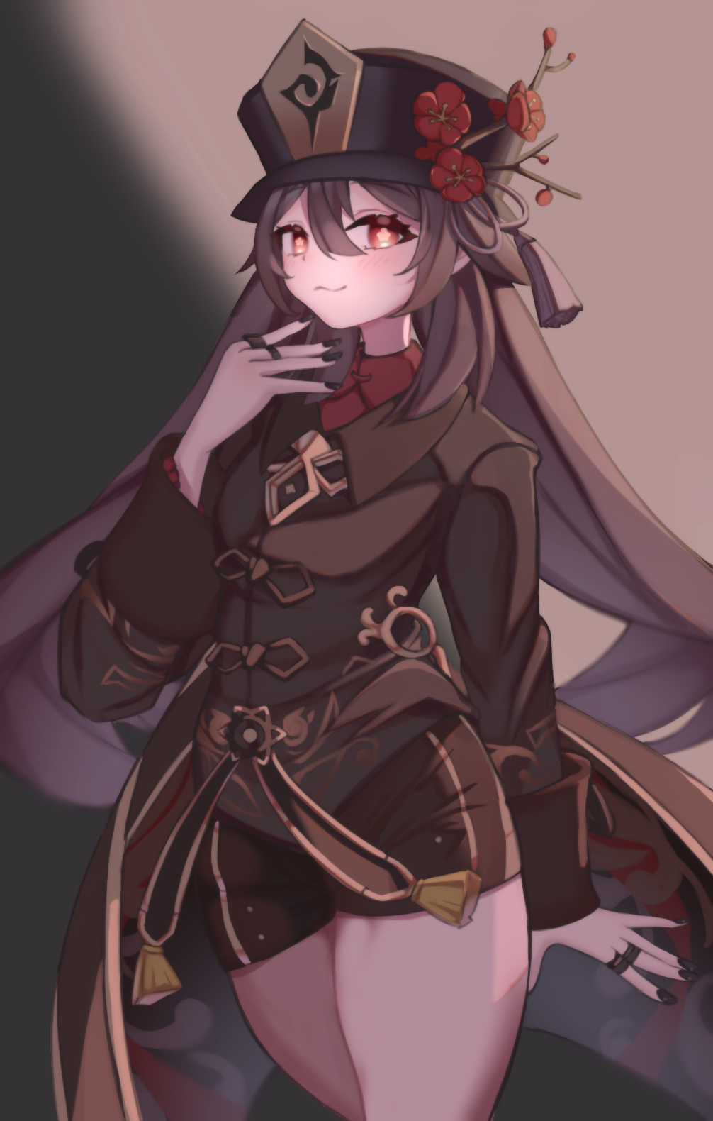 1girl, bead_bracelet, beads, black_headwear, black_nails, black_shorts, blush, bracelet