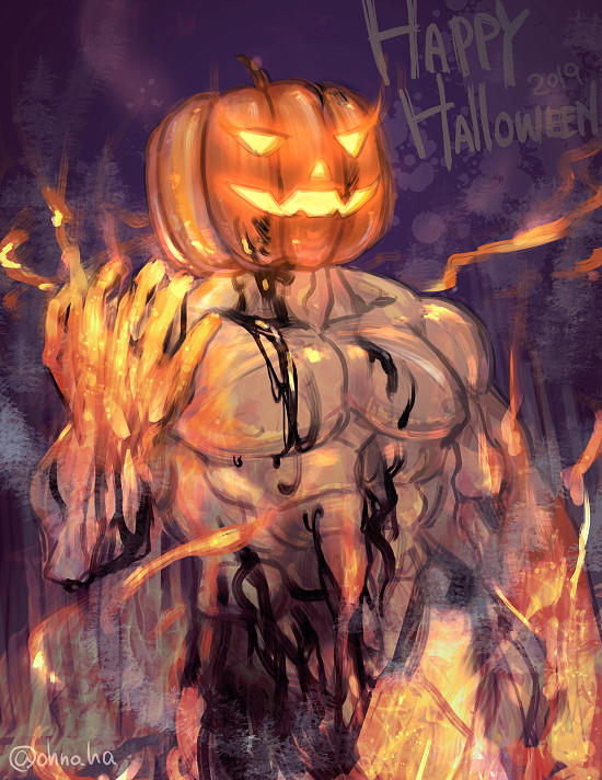 1boy, abs, alternate_costume, bara, boku_no_hero_academia, bulge, completely_nude, cowboy_shot, fire, halloween, halloween_costume, happy_halloween, jack-o'-lantern, large_pectorals, male_focus, muscular, muscular_male, nipples, nude, ono_(ohno_ha), pectorals, pumpkin, revealing_clothes, slime_(substance), solo, endeavor_(boku_no_hero_academia)