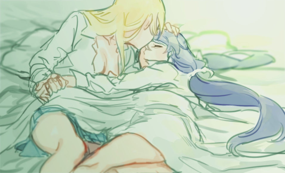 2girls, ayase_eli, blonde_hair, blue_skirt, breasts, cleavage, closed_eyes, kissing_forehead