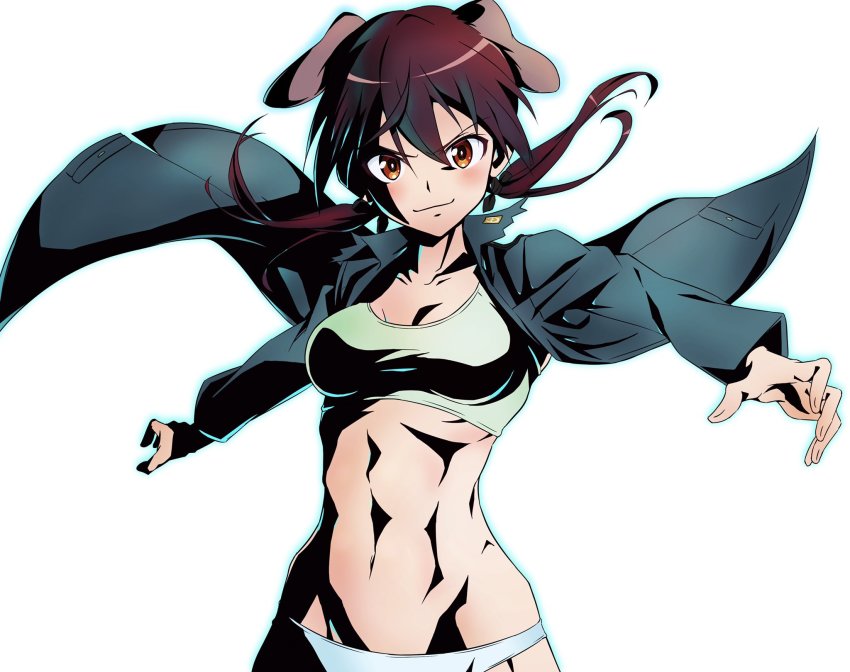 1girl, 5to_rai, abs, animal_ears, blush, breasts, brown_hair, cleavage