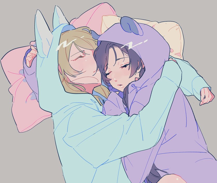 2girls, animal_hood, arms_around_neck, ayase_eli, blush, clothing_request, closed_eyes, hood