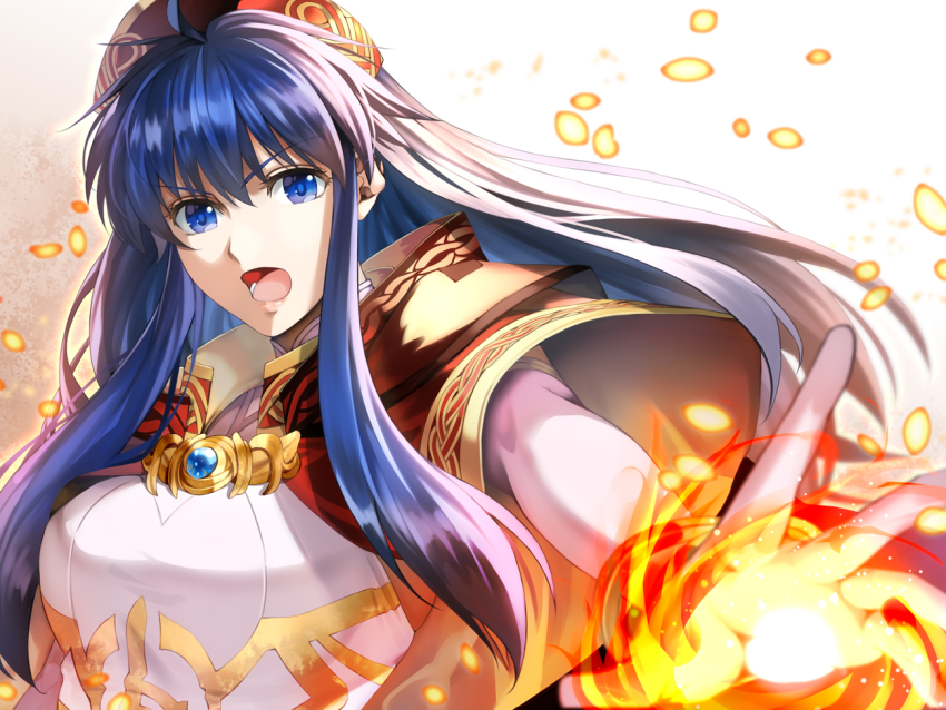 1girl, blue_eyes, blue_hair, delsaber, dress, elbow_gloves, fire, fire_emblem