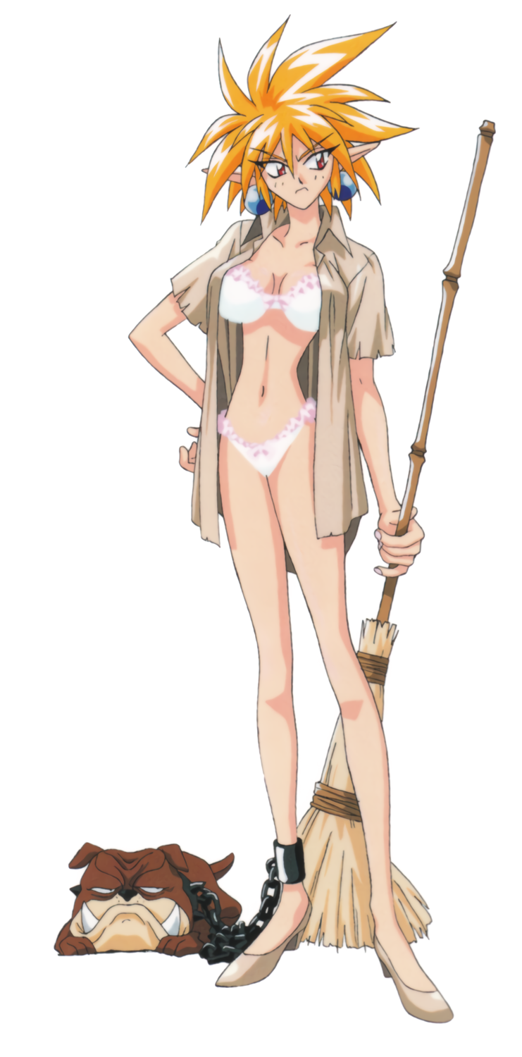 1990s_(style), 1girl, blonde_hair, bra, breasts, broom, brown_footwear, chain, chained, earrings, frilled_bra, frilled_panties, frills, full_body, hand_on_own_hip, high_heels, highres, holding, holding_broom, jewelry, kuroda_kazuya, large_breasts, leska_(arara_cafe_au_lait), medium_hair, navel, official_art, open_clothes, open_shirt, panties, red_eyes, retro_artstyle, simple_background, solo, spiked_hair, standing, underwear, vs_knight_lamune_&amp;_40_fire, white_background, white_bra, white_panties