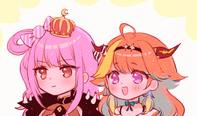 2girls, ahoge, black_hairband, blonde_hair, blush, candy_hair_ornament, cape, chibi