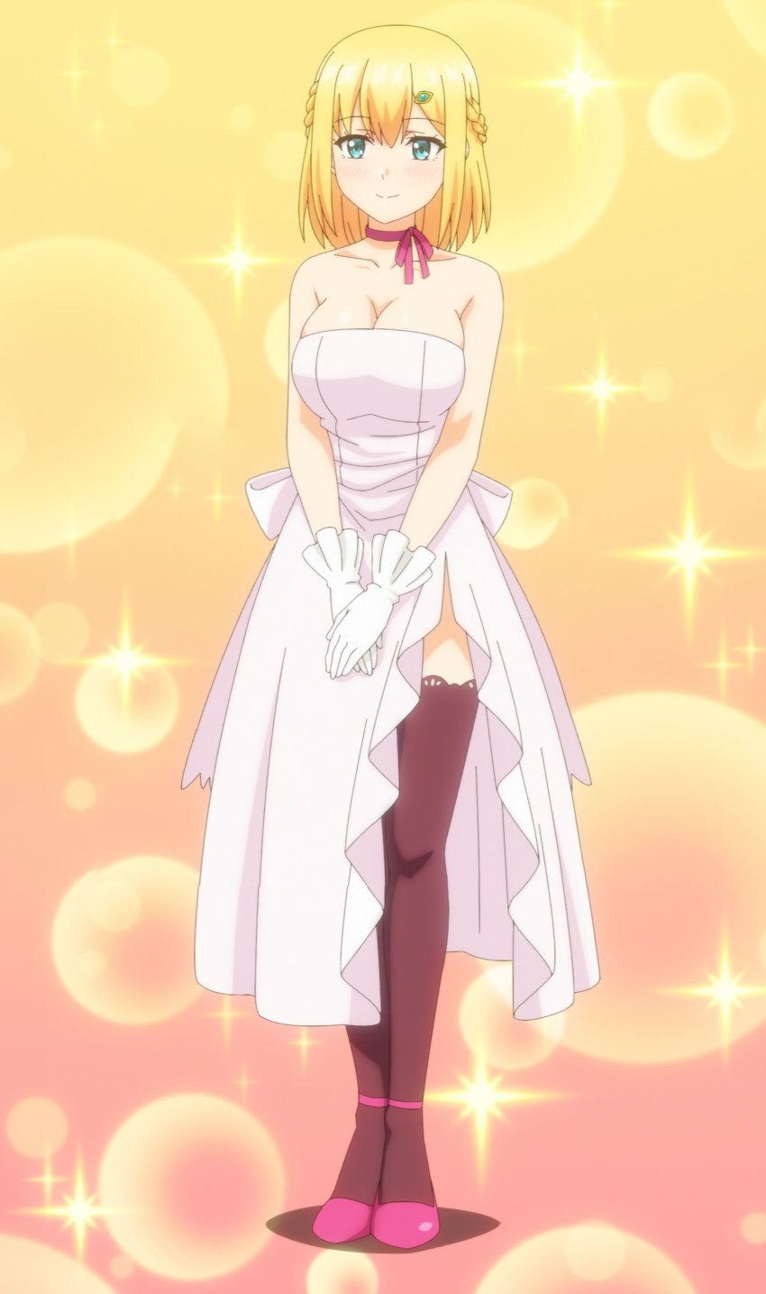 1girl, absurdres, anime_screenshot, bare_shoulders, blonde_hair, blue_eyes, breasts, cleavage