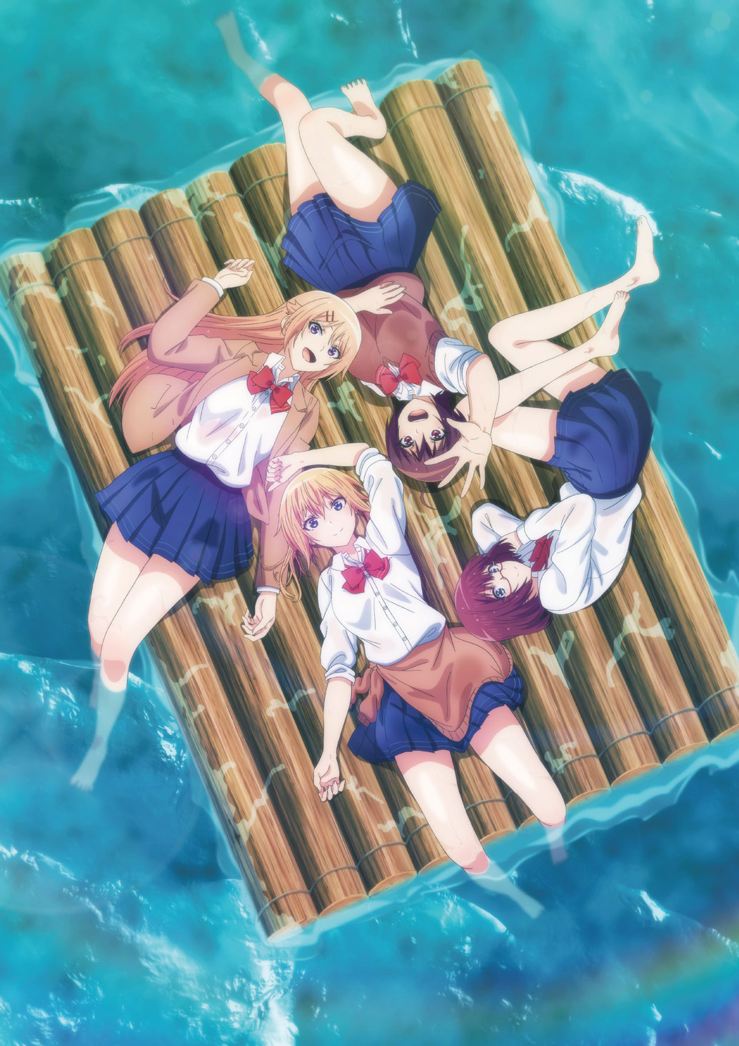 4girls, amatani_mutsu, bare_legs, barefoot, blonde_hair, blue_skirt, bow, bowtie