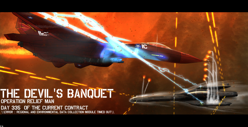 absurdres, ace_combat, ace_combat_7, aircraft, aircraft_carrier, airplane, alicorn_(ace_combat), cannon, commentary, crimson_1_(project_wingman), crossover, directed-energy_weapon, duel, electricity, energy, energy_beam, energy_cannon, energy_weapon, english_commentary, english_text, fighter_jet, glowing, highres, honmachi, huge_filesize, letterboxed, magnetic_weapon, military, military_vehicle, missile, no_humans, ocean, orange_background, orange_theme, project_wingman, pw-mk.i_(project_wingman), pw-mk1, railgun, ship, submarine, submarine_aircraft_carrier, vehicle_focus, warship, watercraft