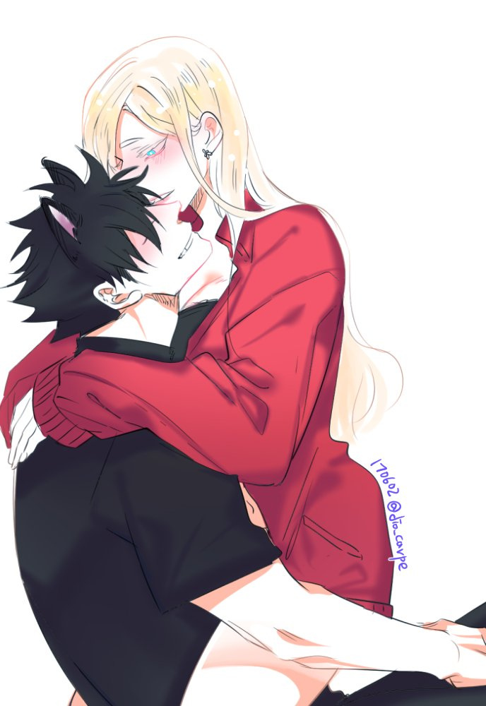 1boy, 1girl, animal_ears, black_bra, black_hair, black_skirt, blonde_hair, blue_eyes, blush, borrowed_clothes, bra, breasts, cat_boy, cat_ears, cleavage, couple, dio_carpe, haiba_arisa, haikyuu!!, hetero, hug, jacket, kuroo_tetsurou, leaning_on_person, long_hair, red_jacket, skirt, smile, spiked_hair, track_jacket, underwear, white_background