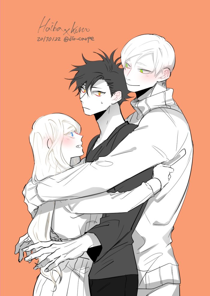 1girl, 2boys, bisexual_male, black_hair, blue_eyes, blush, brother_and_sister, character_name