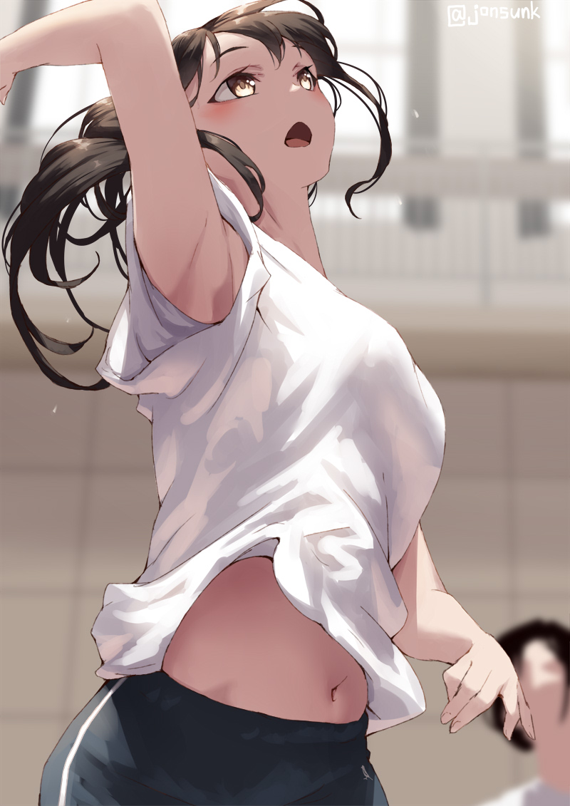 2girls, arm_up, armpits, aya_(jonsun), black_hair, black_shorts, blurry, blurry_background