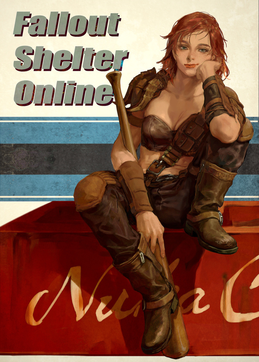 1girl, arm_support, arm_warmers, armor, baseball_bat, belt, boots, bra, breasts, brown_belt, brown_boots, brown_hair, brown_pants, cait_(fallout_4), cleavage, closed_mouth, collarbone, commentary_request, copyright_name, fallout, fallout_4, fallout_shelter_online, fingernails, freckles, full_body, green_eyes, highres, holding, holding_baseball_bat, holding_weapon, knee_pads, leather, leather_armor, leather_belt, leather_boots, lips, looking_at_viewer, midriff, pants, pouch, product_placement, short_hair, shoulder_armor, simple_background, sitting, soft_men, solo, underwear, weapon, zipper_pull_tab