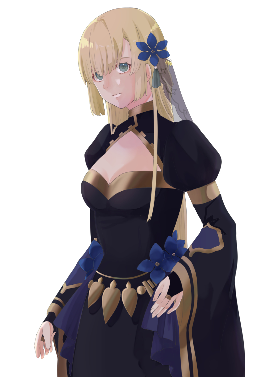 1girl, absurdres, alternate_costume, alternate_hairstyle, black_dress, blonde_hair, breasts, bridal_gauntlets