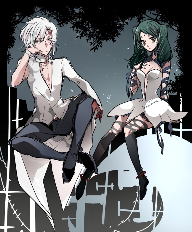 2girls, allen_walker, black_legwear, black_pants, black_ribbon, brown_eyes, cosplay, d.gray-man