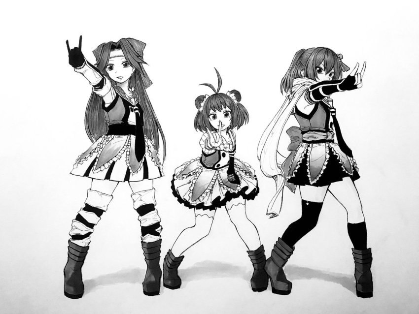 3girls, antenna_hair, asymmetrical_legwear, black_gloves, black_skirt, boots, double_bun, elbow_gloves