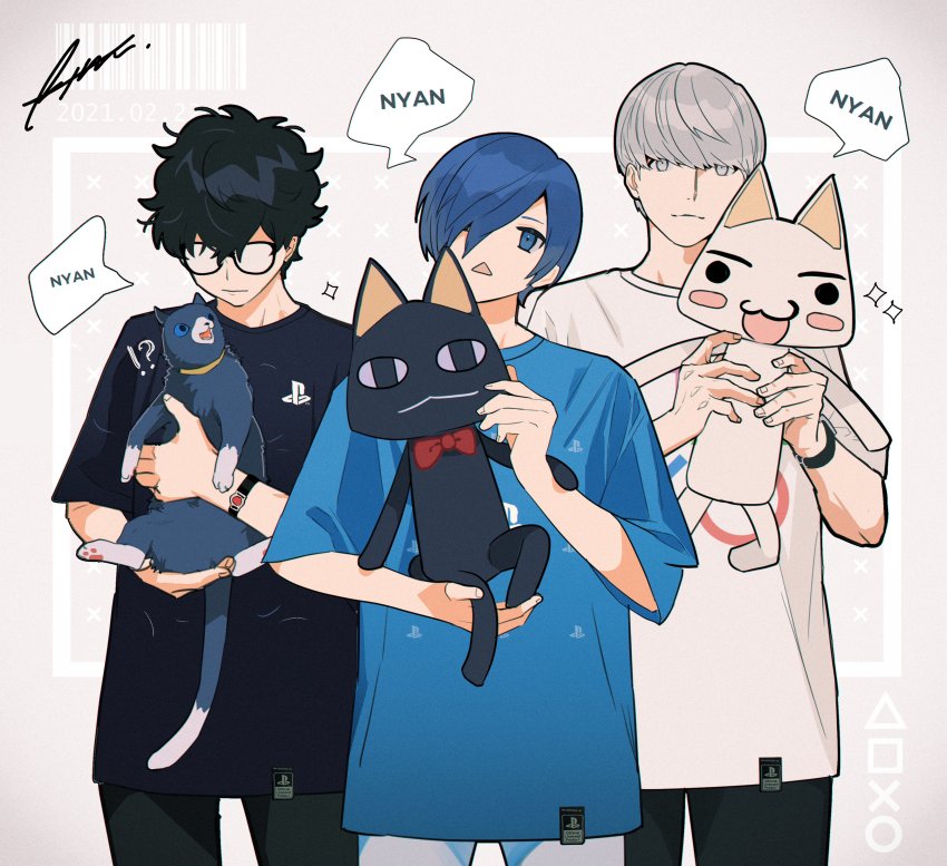 !?, 3boys, absurdres, alternate_costume, amamiya_ren, animal, barcode, black_cat, black_hair, black_shirt, blue_eyes, blue_hair, blue_shirt, bow, bowtie, btmr_game, cat, cat_day, closed_mouth, crossover, dated, doko_demo_issyo, glasses, grey_eyes, hair_between_eyes, hair_over_one_eye, highres, holding, holding_animal, inoue_toro, kuro_(doko_demo_issyo), male_focus, morgana_(cat)_(persona_5), morgana_(persona_5), multiple_boys, narukami_yu, opaque_glasses, open_mouth, pants, persona, persona_3, persona_4, persona_5, shirt, signature, silver_hair, simple_background, sparkle, white_shirt, yuuki_makoto_(persona_3)