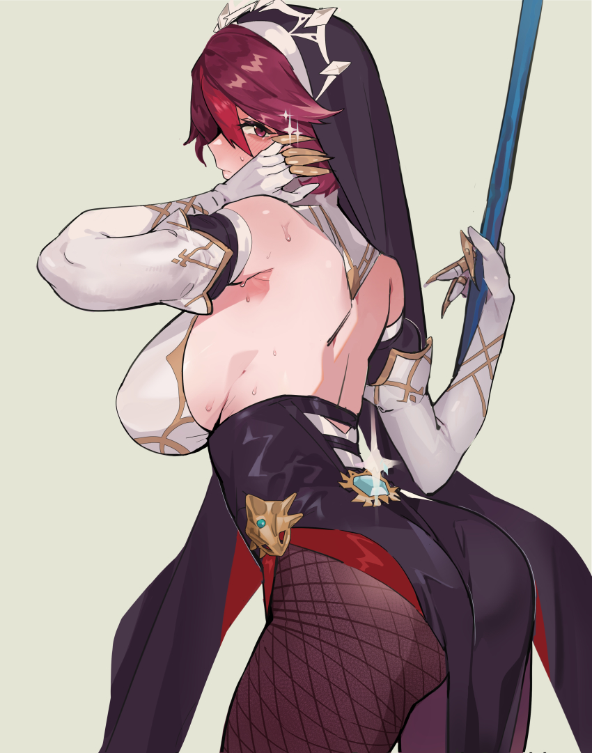 1girl, absurdres, ass, back, bags_under_eyes, bare_shoulders, belt, black_dress, blush, breasts, claw_ring, dress, elbow_gloves, fishnet_pantyhose, fishnets, genshin_impact, gloves, habit, hair_between_eyes, highres, large_breasts, looking_at_viewer, looking_back, multicolored_hair, multicolored_headwear, nun, nun_headdress, pantyhose, pelvic_curtain, polearm, purple_eyes, purple_hair, purple_pantyhose, red_hair, rosaria_(genshin_impact), ryofu_(pixiv12347507), short_hair, sideboob, solo, spear, streaked_hair, thighs, tiara, two-tone_dress, weapon, white_dress, white_gloves