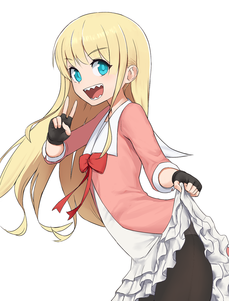 1girl, blonde_hair, blue_eyes, dress, fantasy_bishoujo_juniku_ojisan_to, fingerless_gloves, genderswap, genderswap_(mtf), gloves, holding_own_skirt, lifting_own_clothes, long_hair, looking_at_viewer, open_mouth, pantyhose, red_ribbon, ribbon, sharp_teeth, simple_background, skirt, smile, solo, squid_neetommy, tachibana_hinata_(fantasy_bishoujo), teeth, v