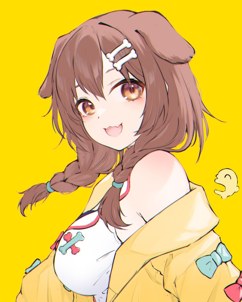 1girl, :3, a9_(repainter), absurdres, animal_ears, bare_shoulders, bone_hair_ornament, braid