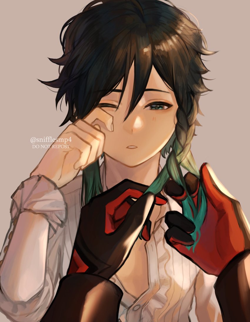 1boy, androgynous, black_gloves, black_hair, blue_hair, collared_shirt, diluc_(genshin_impact), frilled_sleeves