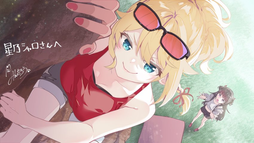 2girls, absurdres, black_bra, black_hair, black_shirt, blonde_hair, blue_eyes, bra, braid, breasts, character_name, cleavage, climbing, collarbone, commentary, commission, denim, denim_shorts, english_commentary, eyewear_on_head, furuya_mari, highres, horns, hoshino_char, indie_virtual_youtuber, looking_up, multiple_girls, nail_polish, open_hands, open_mouth, outstretched_arms, pink_nails, ponytail, ponytail_with_braided_base, purple_eyes, red_tank_top, second-party_source, shirt, shorts, signature, skeb_commission, smile, solo_focus, sunglasses, tank_top, todo-akira, tsunderia, two_side_up, underwear, v-shaped_eyebrows, virtual_youtuber
