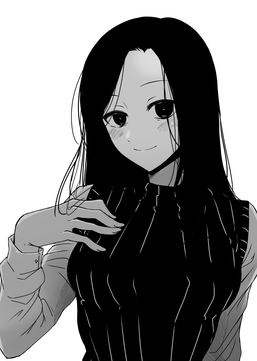 1girl, absurdres, black_hair, blush, breasts, closed_mouth, commentary_request, greyscale