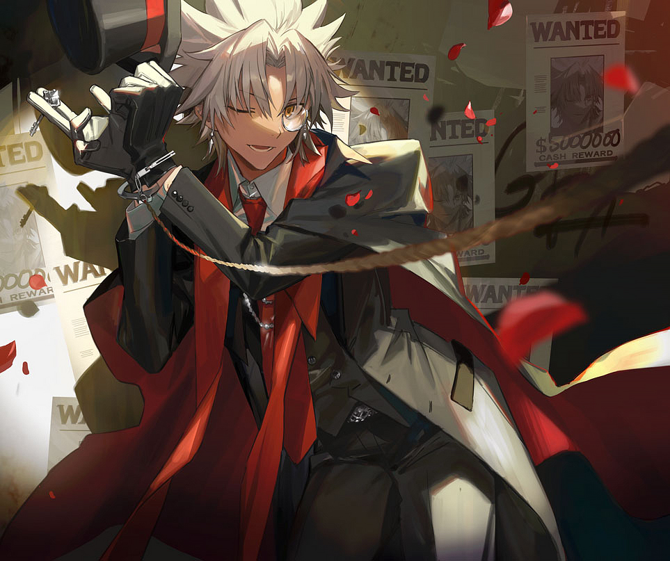 1boy, ;d, amakusa_shirou_(fate), amakusa_shirou_(phantom_thief)_(fate), black_gloves, black_legwear, black_suit, blouse, collared_shirt, cuffs, dark-skinned_male, dark_skin, fate/grand_order, fate_(series), formal_clothes, gloves, handcuffs, hat, hat_tip, holding, holding_key, holding_unworn_clothes, holding_unworn_hat, itefu, key, male_focus, monocle, necktie, one_eye_closed, open_mouth, pants, parted_bangs, red_necktie, shirt, silver_hair, smile, solo, spiked_hair, spotlight, suit, top_hat, unworn_hat, unworn_headwear, vest, waistcoat, wanted_poster, white_shirt