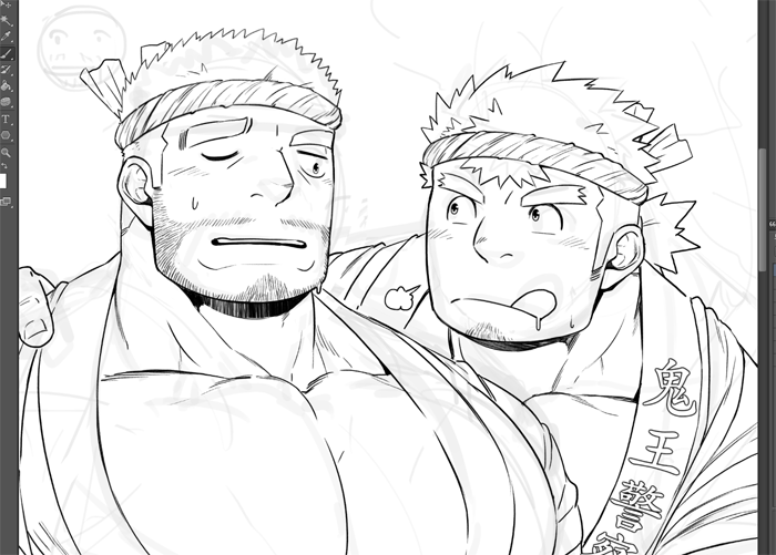2boys, :q, bara, breath, facial_hair, goatee, gomtang, greyscale