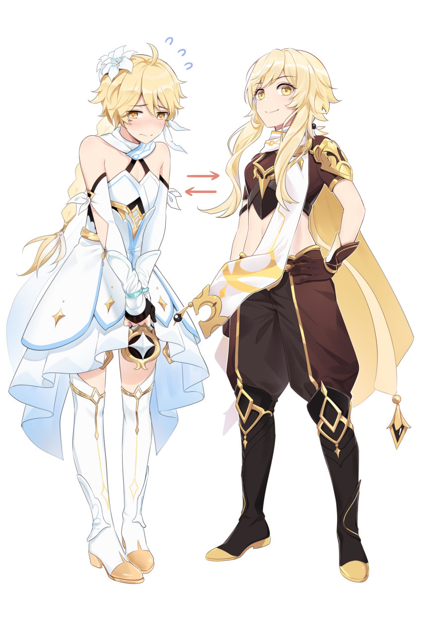 1boy, 1girl, absurdres, aether_(genshin_impact), aether_(genshin_impact)_(cosplay), ahoge, androgynous, bare_shoulders, blonde_hair, blush, boots, braid, braided_ponytail, breasts, brother_and_sister, closed_mouth, cosplay, costume_switch, crossdressing, detached_sleeves, dress, embarrassed, flower, flying_sweatdrops, full_body, genshin_impact, gloves, hair_flower, hair_ornament, hei_lang, highres, long_hair, lumine_(genshin_impact), lumine_(genshin_impact)_(cosplay), midriff, nose_blush, scarf, short_hair_with_long_locks, siblings, sidelocks, simple_background, small_breasts, smile, standing, thigh_boots, thighhighs, trap, white_background, white_dress, white_scarf, yellow_eyes