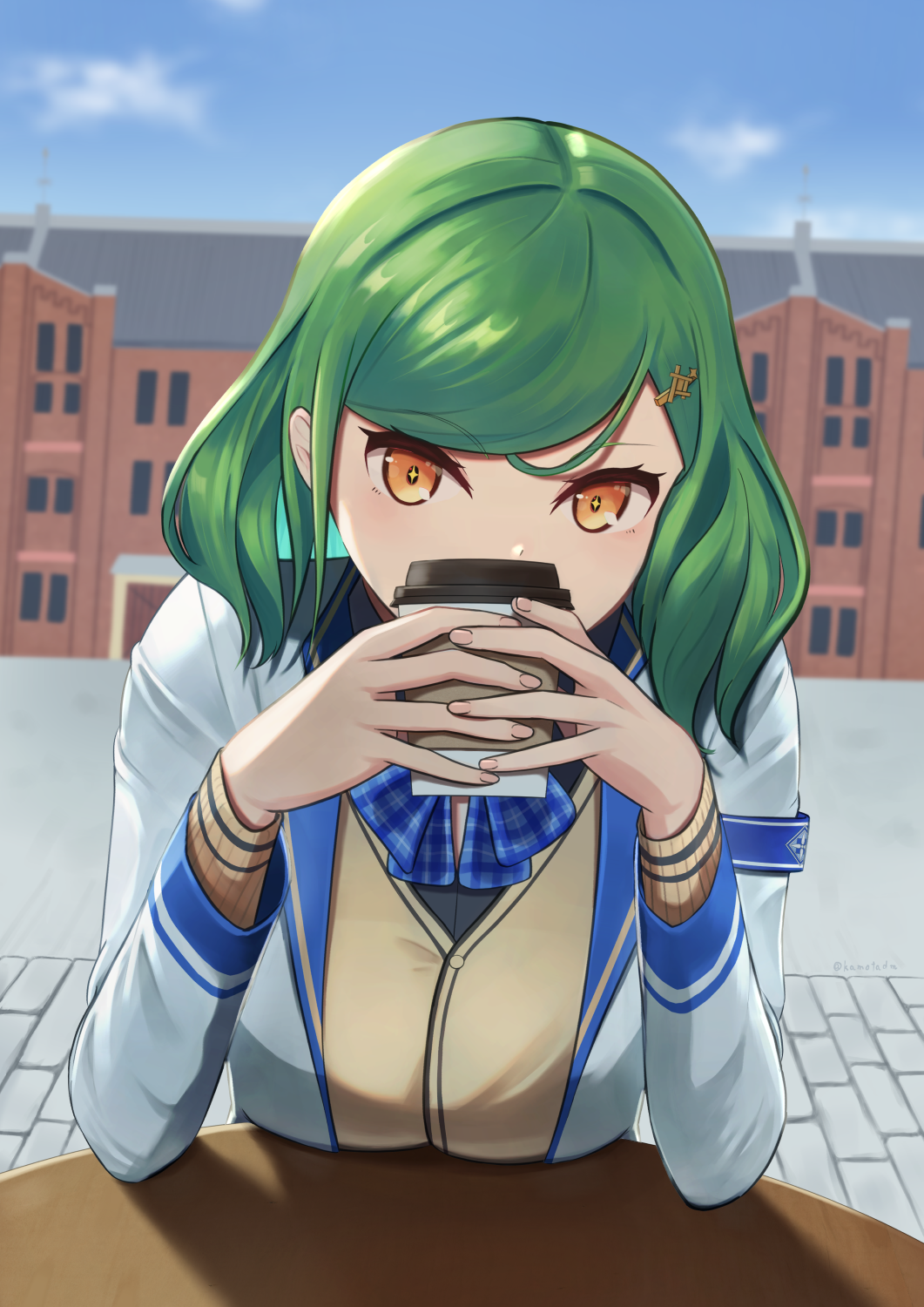 +_+, 1girl, blue_bow, bow, breasts, brown_eyes, covered_mouth, cup